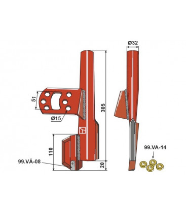 Seed tube compl. with 4 rubber gasket washer, left